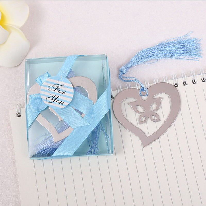 Segnalibro Bomboniera cuore e farfalla con nappe azzurro