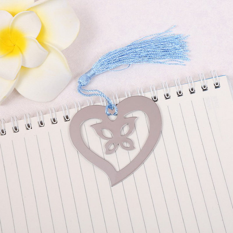 Segnalibro Bomboniera cuore e farfalla con nappe azzurro