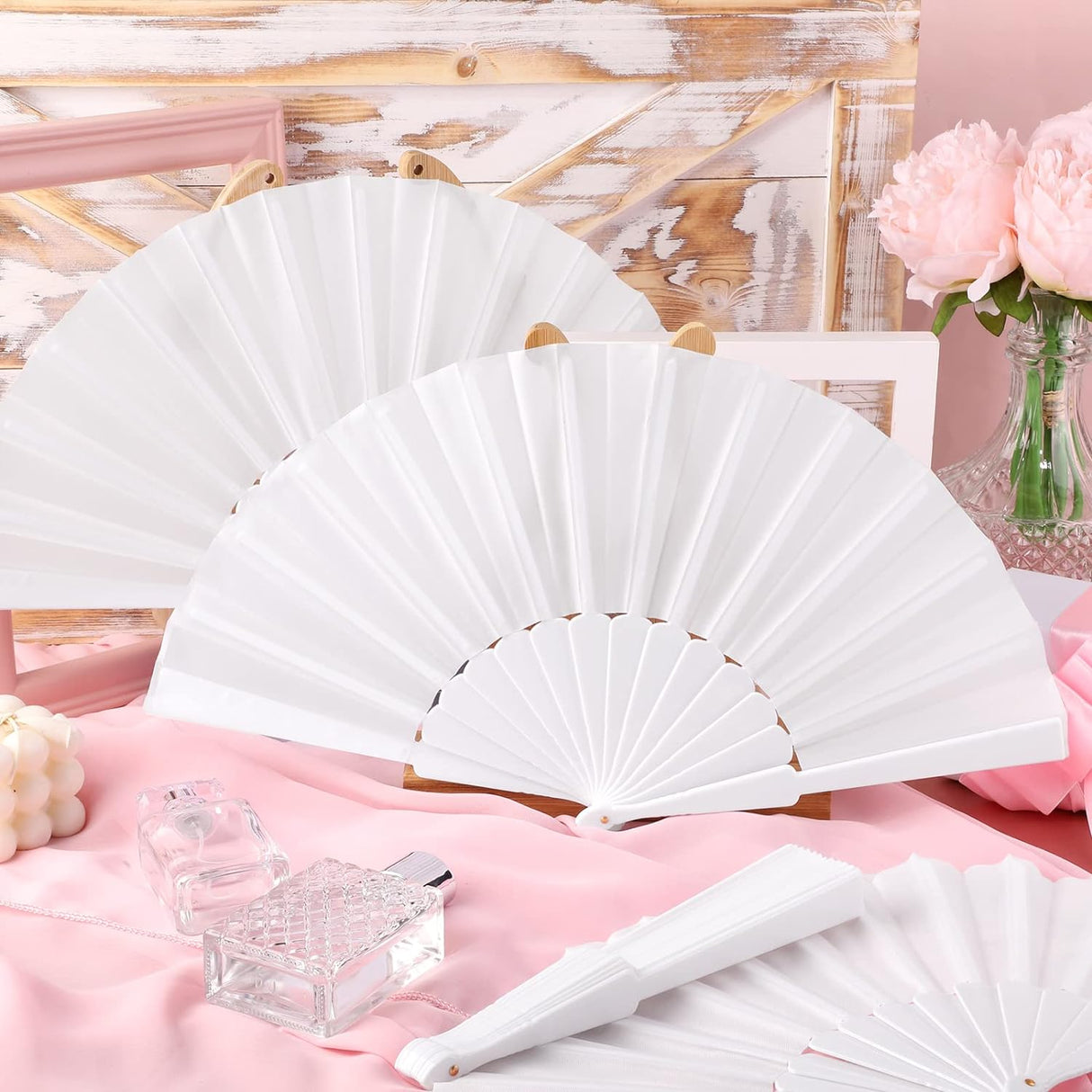 10pz Ventagli Bianchi Tessuto e plastica