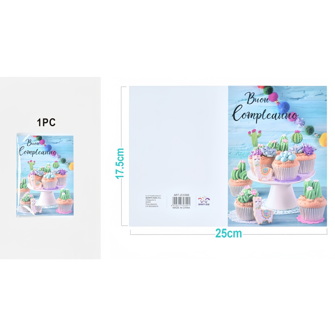 Biglietto di auguri “Buon Compleanno” con cupcakes colorati – Cartolina di compleanno con design dolce, 25×17,5 cm, 1 pezzo