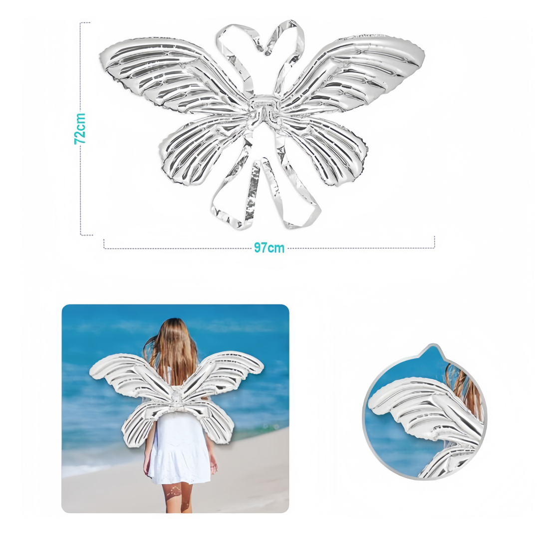 Ali di Palloncino a Forma di Farfalla Argento- Decorazione Gonfiabile per Costumi e Feste, 97x72cm