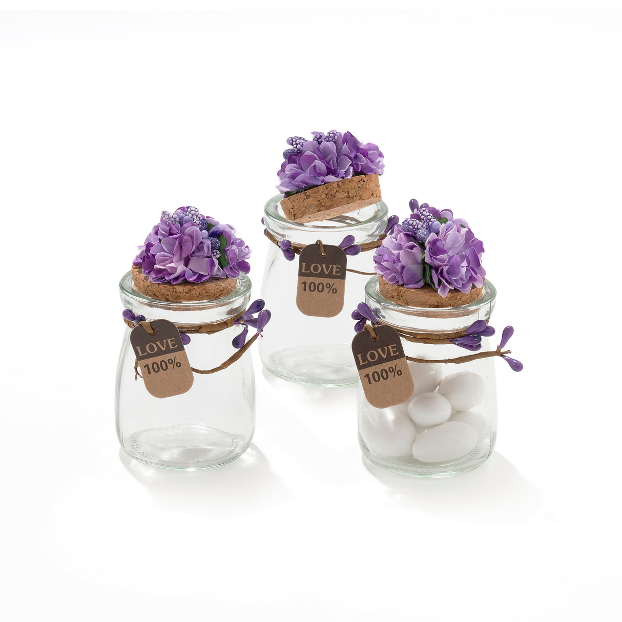 20 Pezzi Barattolo Vetro Con Tappo In Sughero Porta confetti Bomboniera viola fiore