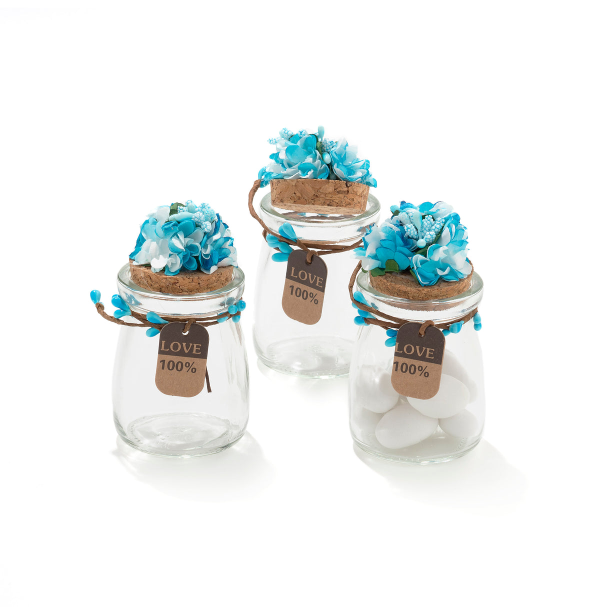 20 Pezzi Barattolo Vetro Con Tappo In Sughero Porta confetti Bomboniera Blu fiore