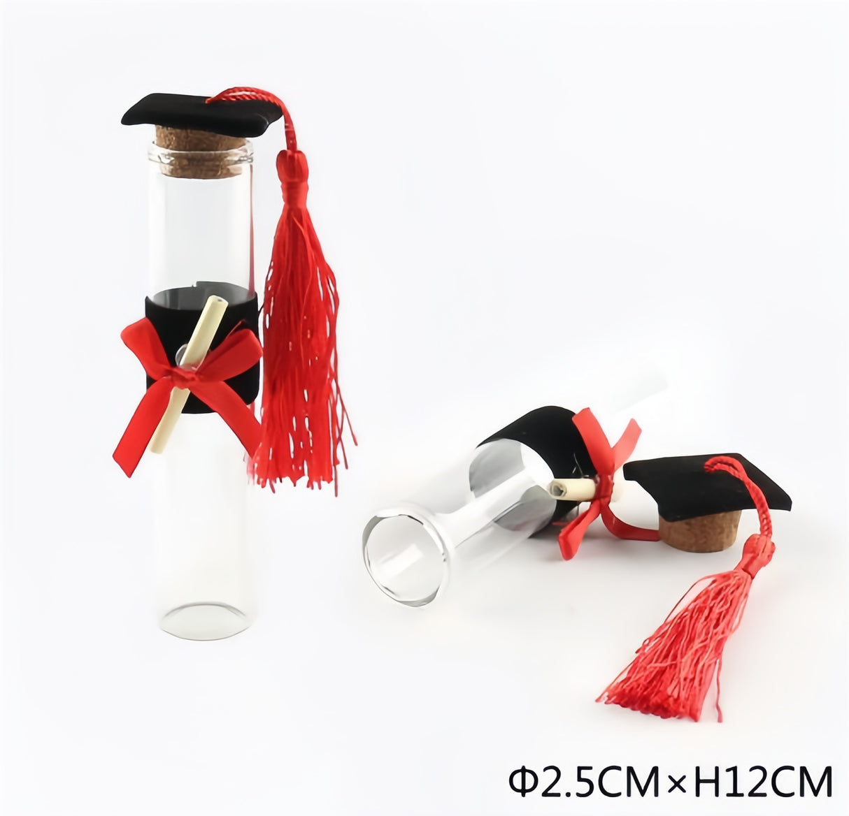 Set 24 Provette in Vetro con Tappo in Sughero, Cappello Laureato e Nappa Rossa, 12 cm x 2,5 cm, Bomboniere per Festa di Laurea