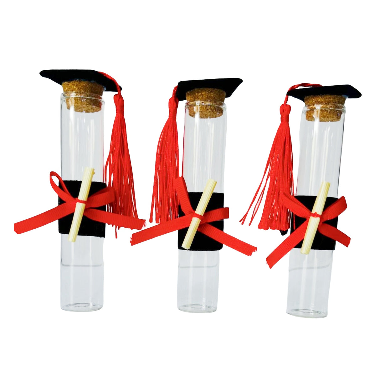 Set 24 Provette in Vetro con Tappo in Sughero, Cappello Laureato e Nappa Rossa, 12 cm x 2,5 cm, Bomboniere per Festa di Laurea