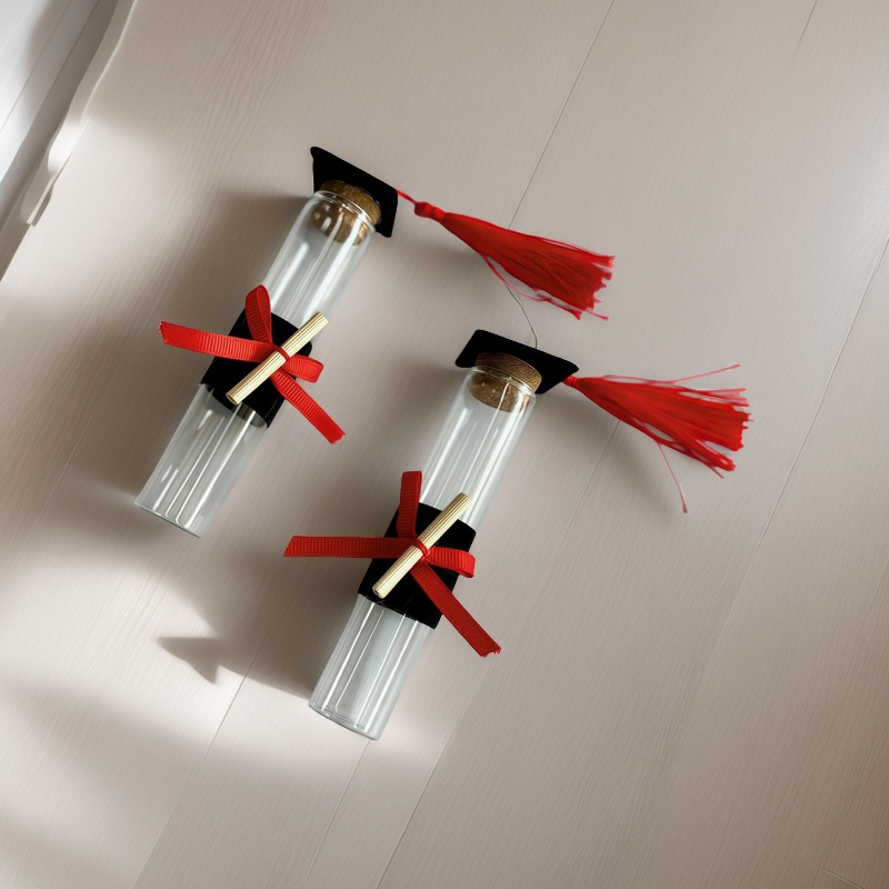 Set 24 Provette in Vetro con Tappo in Sughero, Cappello Laureato e Nappa Rossa, 12 cm x 2,5 cm, Bomboniere per Festa di Laurea