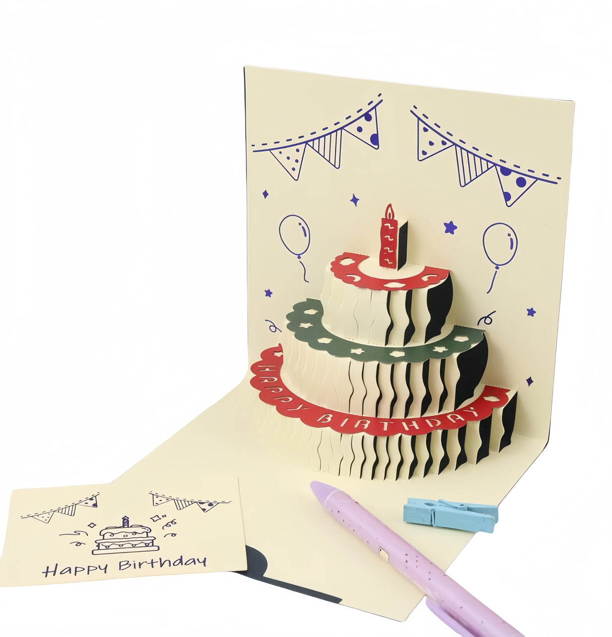Biglietto di auguri compleanno pop-up 3D con la torta, tagliato con laser
