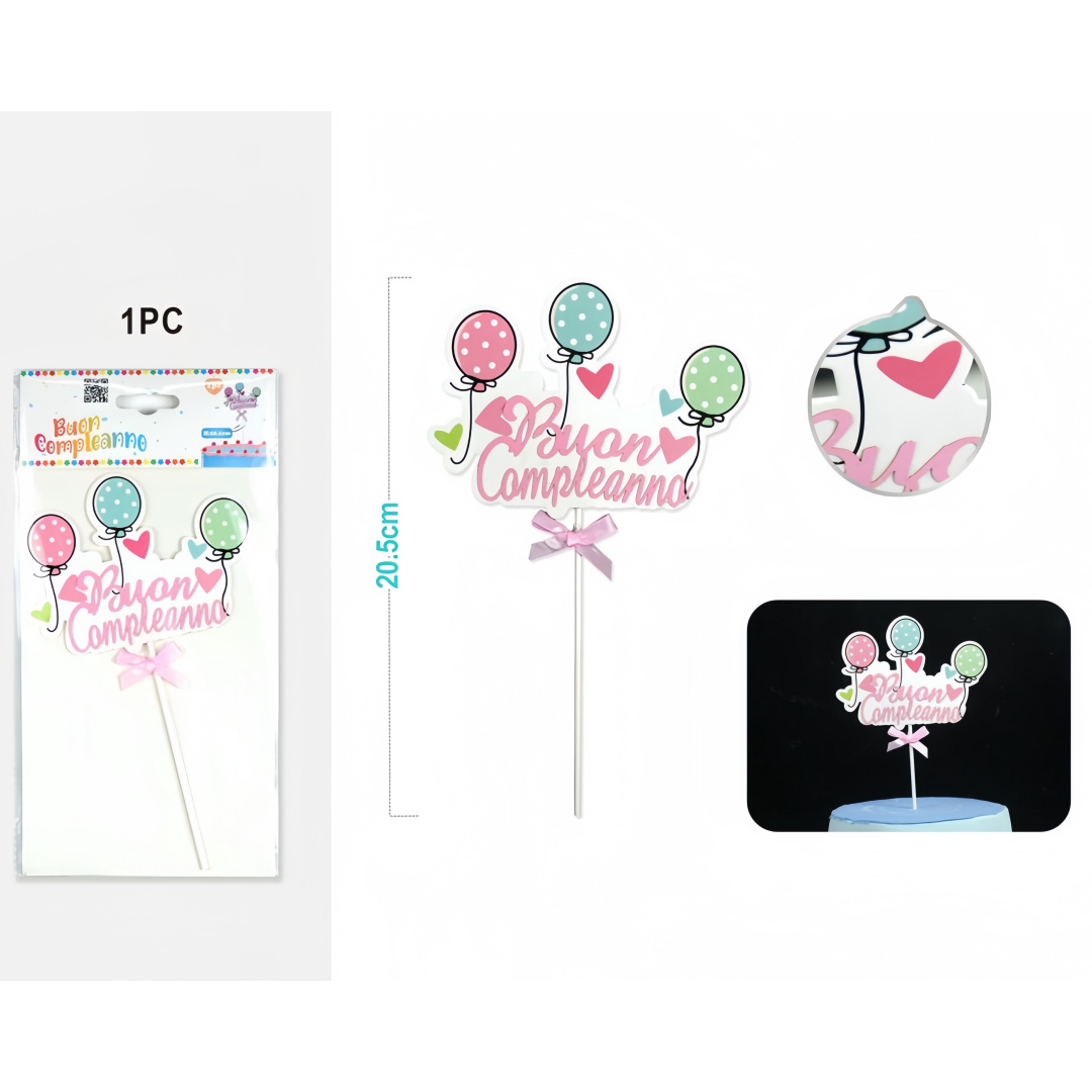 Cake Topper "Buon Compleanno" con Palloncini - 1 Pezzo | Decorazione per Torte di Compleanno