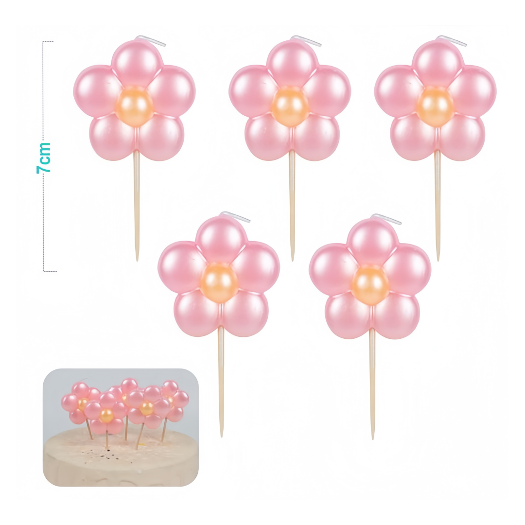 Set da 5 pezzi candele a fiori rosa 7cm per torta