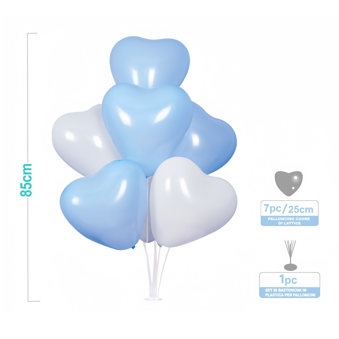 Set palloncini cuore celeste bianco centrotavola altezza 85cm