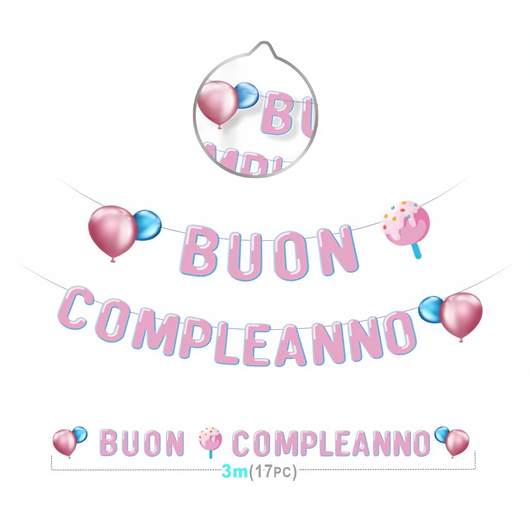 3 metri Ghirlanda Striscia Decorativo BUON COMPLEANNO ROSA con Palloncini e Dolce