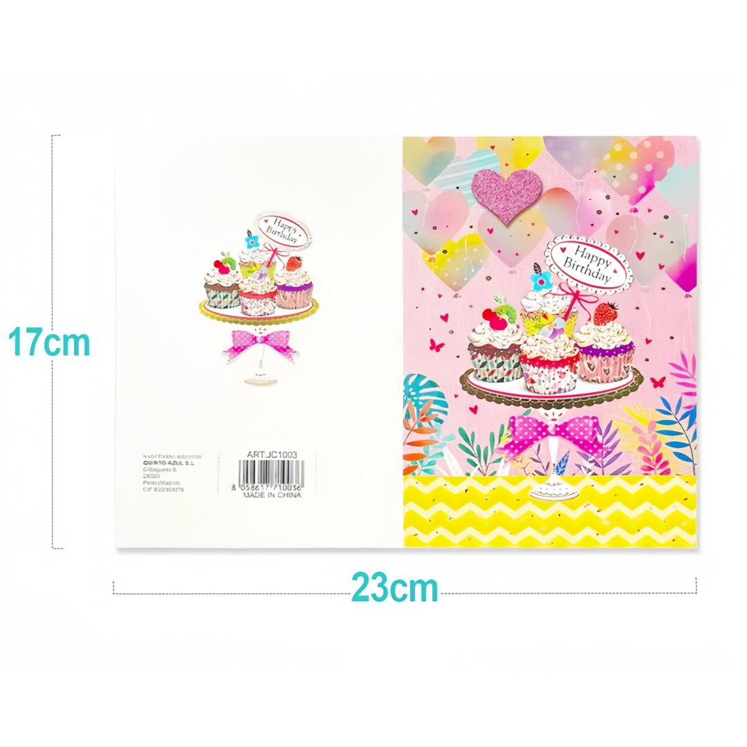 Biglietto di Auguri di Compleanno con Cupcake e Cuori