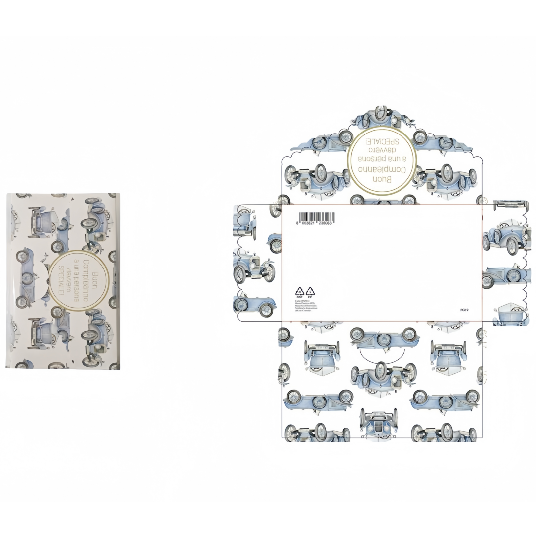 Biglietto portasoldi “Buon Compleanno” con auto d’epoca – Busta elegante per regalo di compleanno, design maschile vintage 15,5×9 cm, 1 pezzo