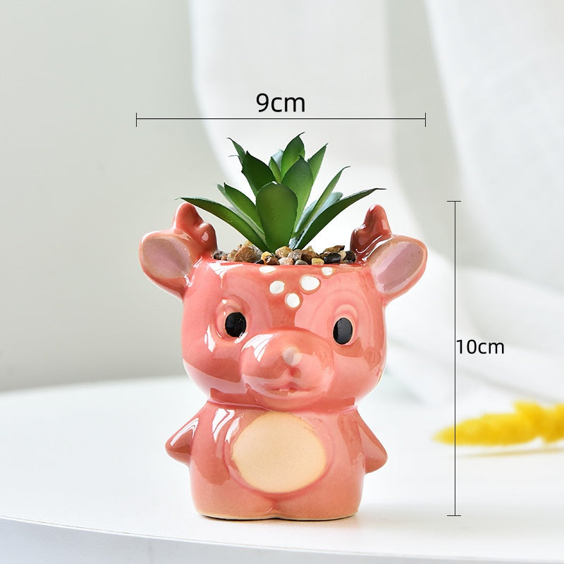 Vaso decorativo in ceramica a forma di cerbiatto – piccolo vaso 10x9 cm per piante grasse