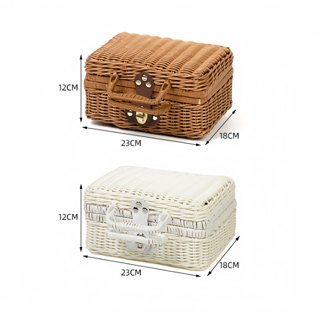 Valigia Scatola Intrecciata in Finta Rattan Effetto Vimini Vintage con Manico, 23x18x12 cm, Porta Regalo Bomboniere, Cestino da Picnic, Decorazione Matrimonio Tema Giardino