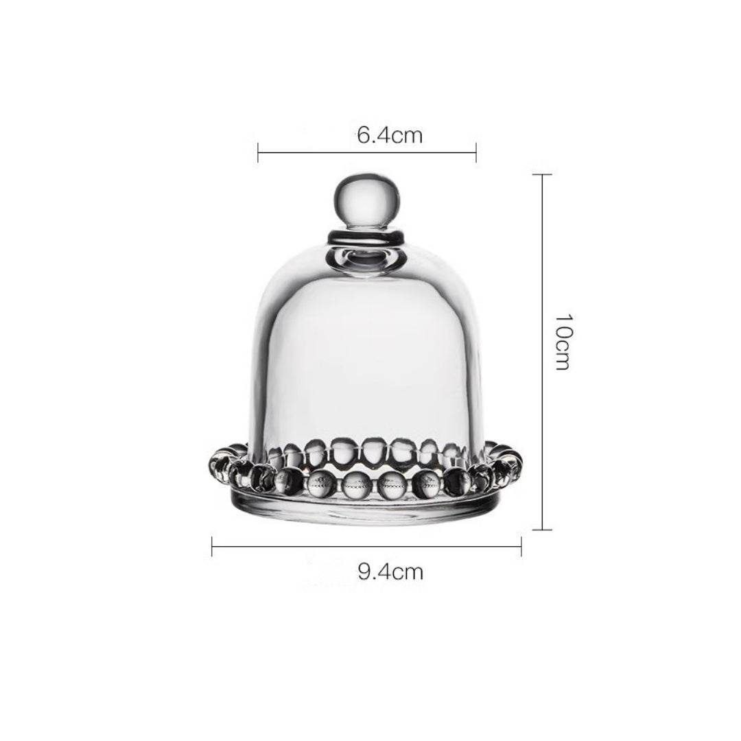 Mini Cupola in Vetro Trasparente con Vassoio Decorato – Mini Campana in Vetro per Dolci, Bomboniere, Fiori Preservati, Decorazioni Tavola, Regali