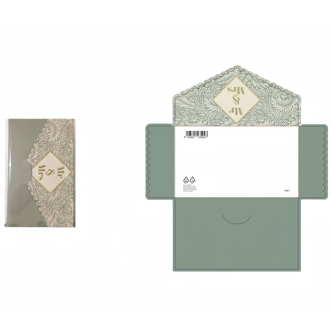 Biglietto portasoldi “Mr & Mrs” – Busta elegante per regalo di nozze, colore verde salvia con dettagli dorati, 15,5×9 cm, 1 pezzo