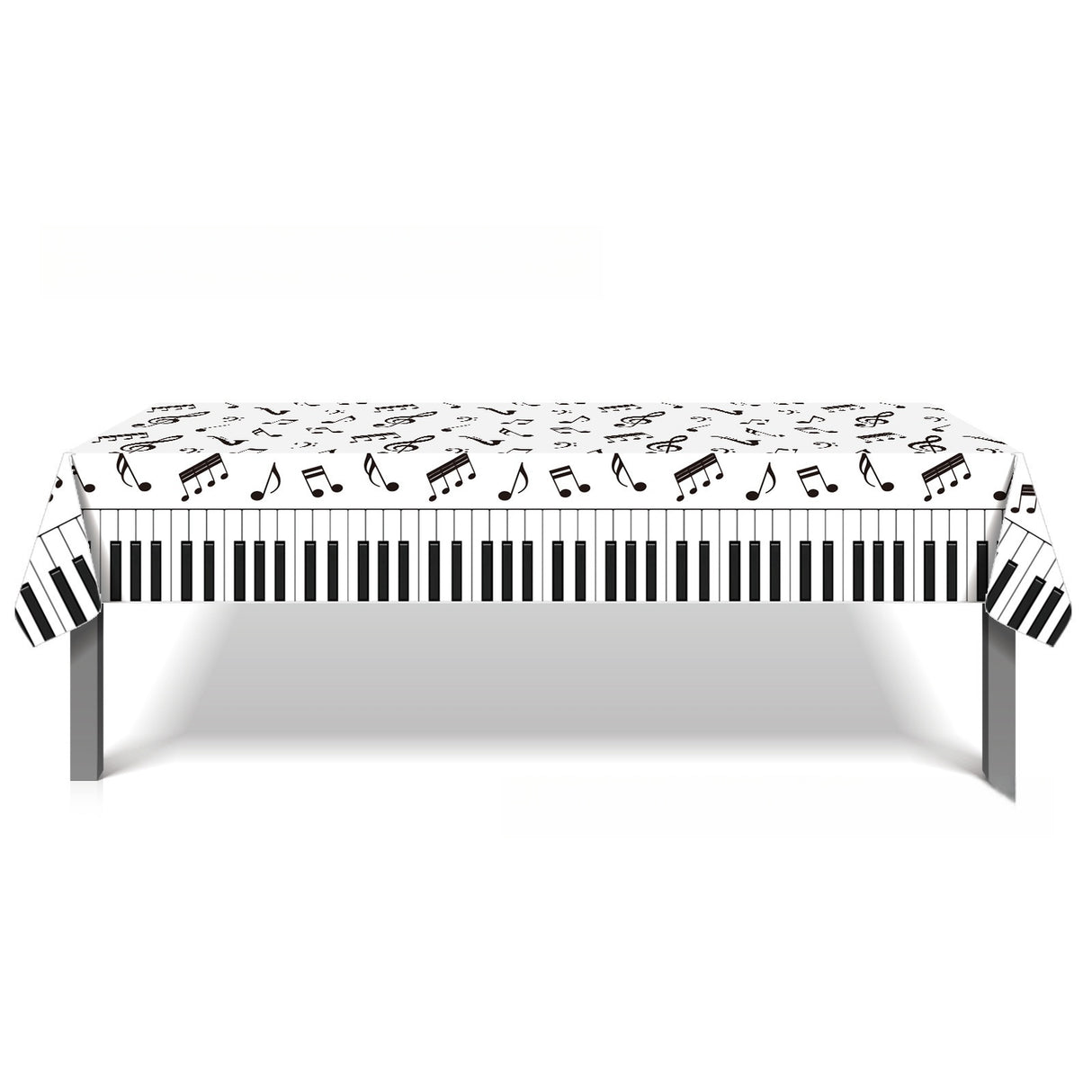 Tovaglia Musicale con Motivo Pianoforte, 130 x 220 cm, Rettangolare, Plastificata, Impermeabile, Bianco e Nero