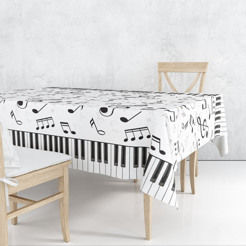 Tovaglia Musicale con Motivo Pianoforte, 130 x 220 cm, Rettangolare, Plastificata, Impermeabile, Bianco e Nero