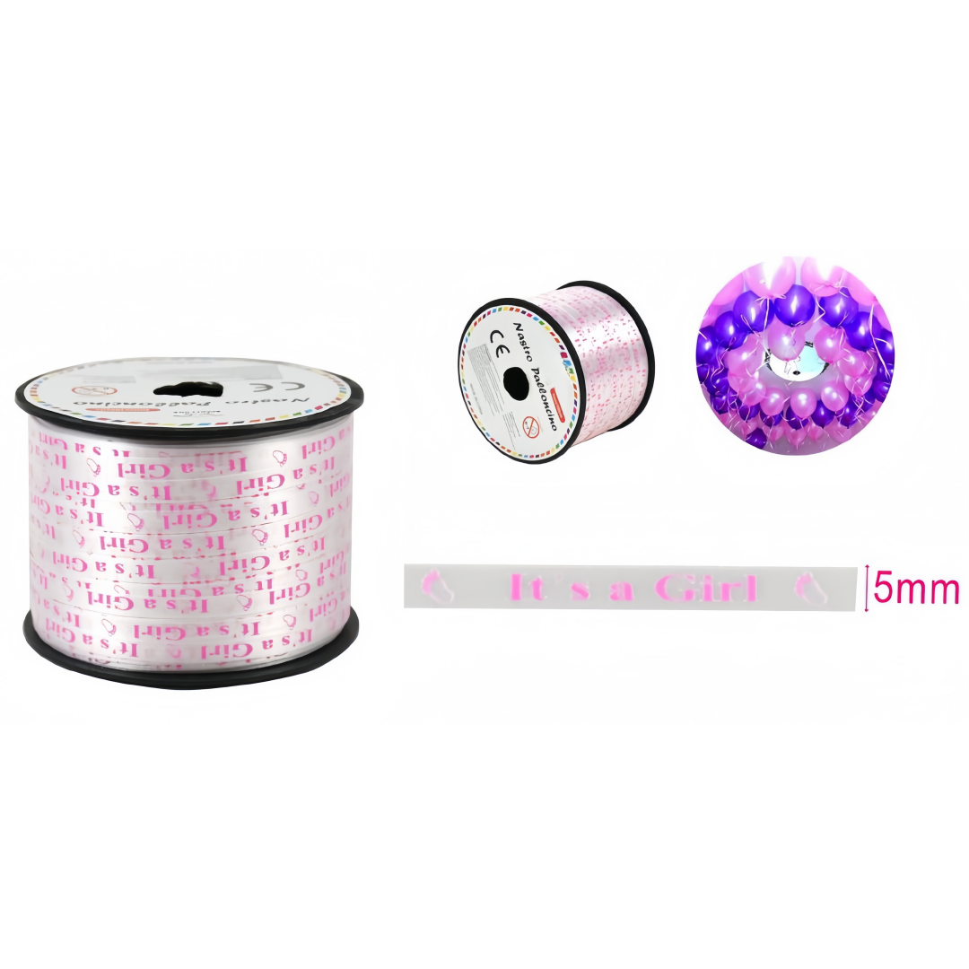 Nastro plastica bianco it's a Girl rosa 5mm*100 yard per palloncino