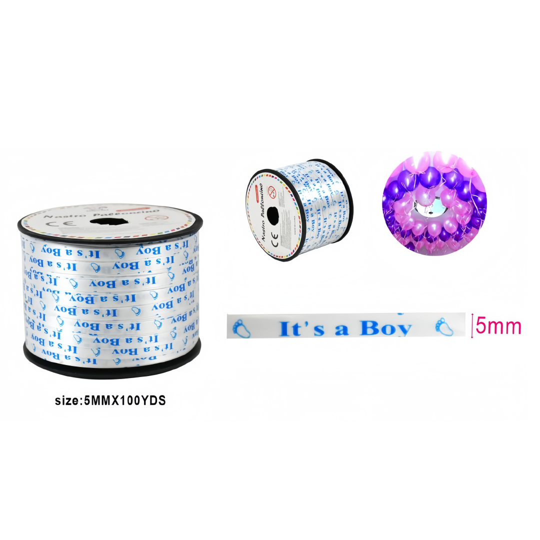 Nastro plastica bianco it's a Boy azzurro 5mm*100 yard per palloncino
