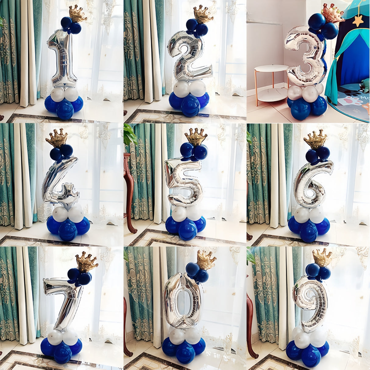 Numeri Giganti da 1-9 in Palloncino con Effetto Argento e Corona Dorata per compleanno