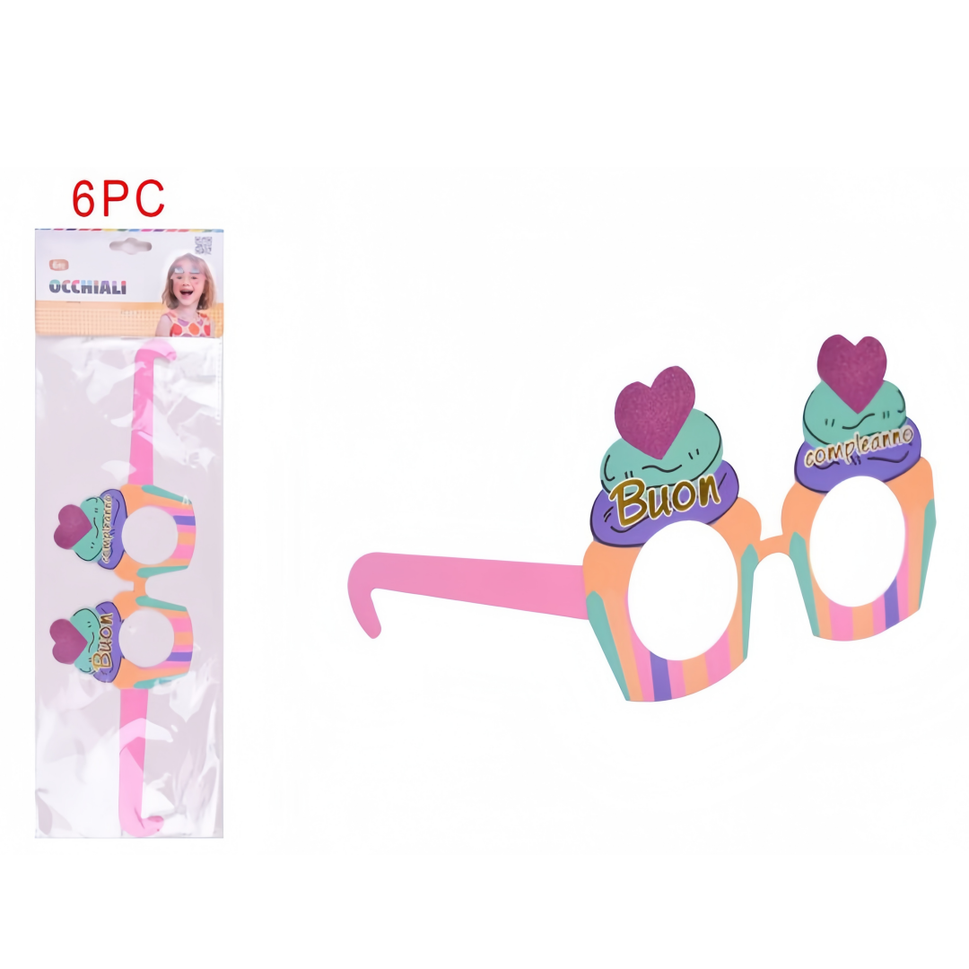 Occhiali di Carta Buon Compleanno Torte - Set 6 Pezzi, Accessori Divertenti per Feste