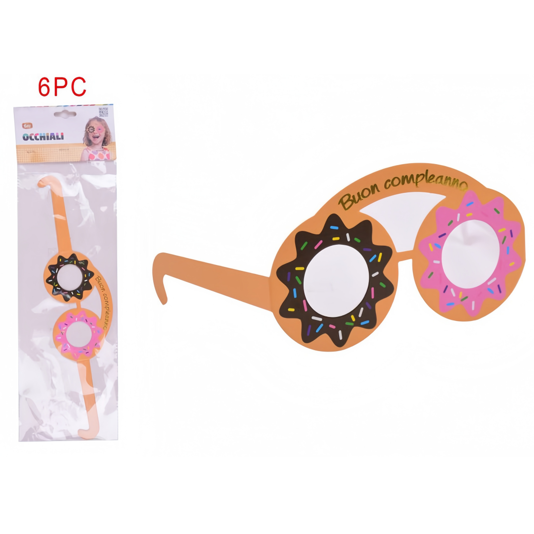 Occhiali di Carta Buon Compleanno con Ciambelle - Set 6 Pezzi, Accessori Divertenti per Feste
