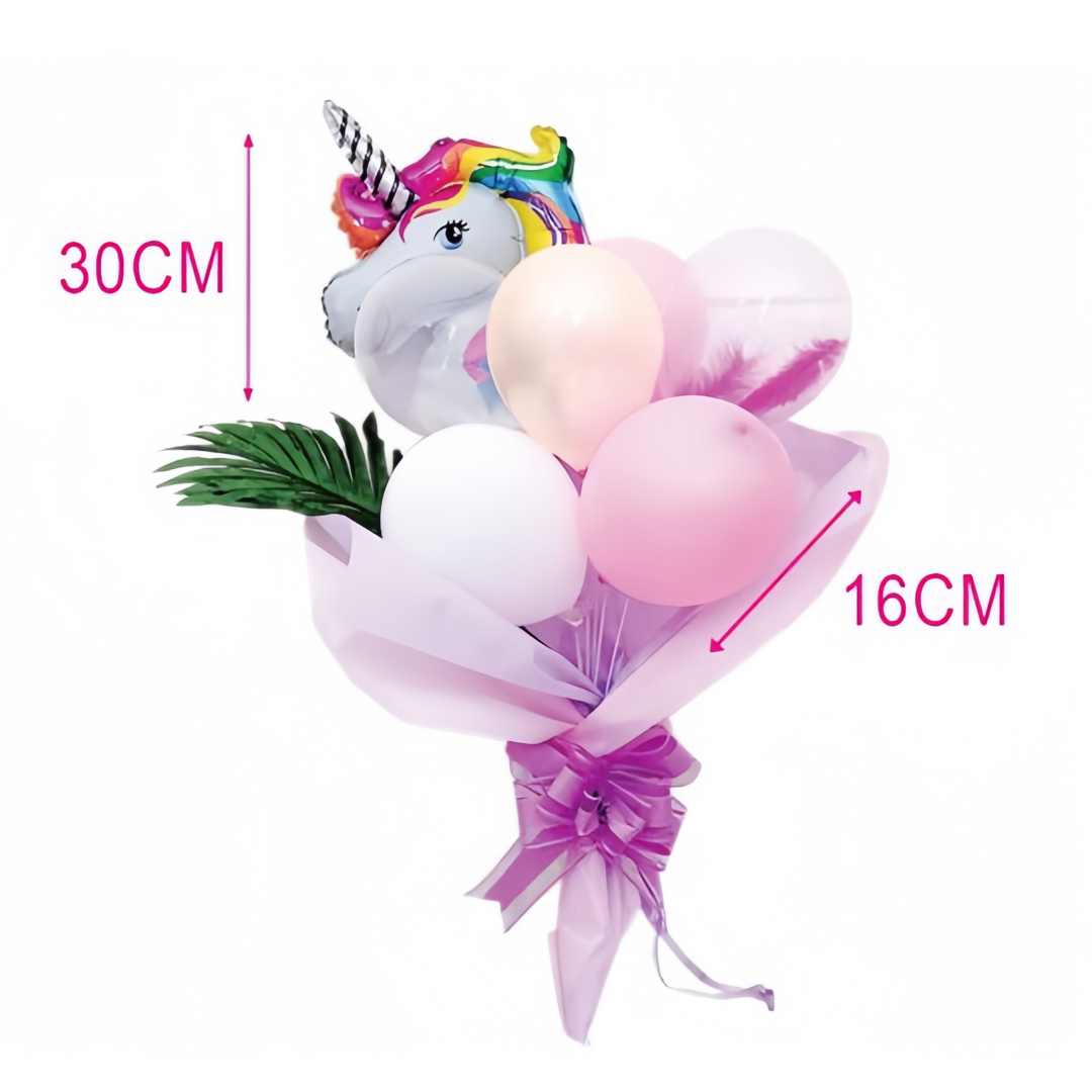 Set palloncini mazzo di fiori con unicorno rosa foglie