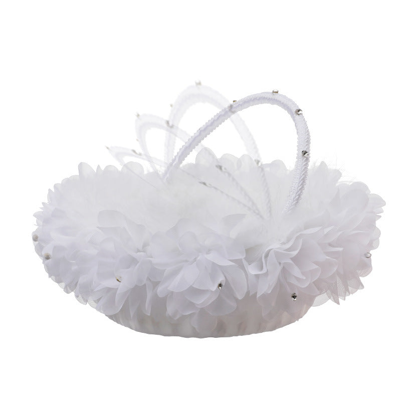 Vinimi Cestino Nuziale Bianco, Decorato con Fiori e Piume, con Manico e Cristalli, per fiori, petali damigelle