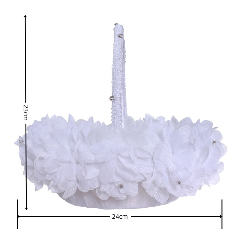 Vinimi Cestino Nuziale Bianco, Decorato con Fiori e Piume, con Manico e Cristalli, per fiori, petali damigelle