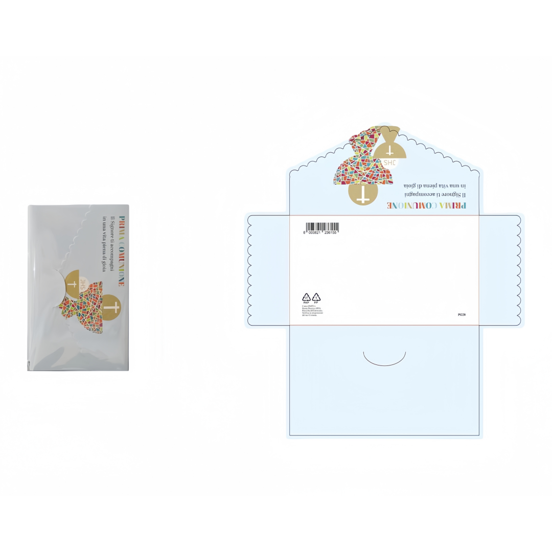 Biglietto portasoldi “Prima Comunione” – Busta elegante religiosa con calice e pesce colorato, 15,5×9 cm, 1 pezzo