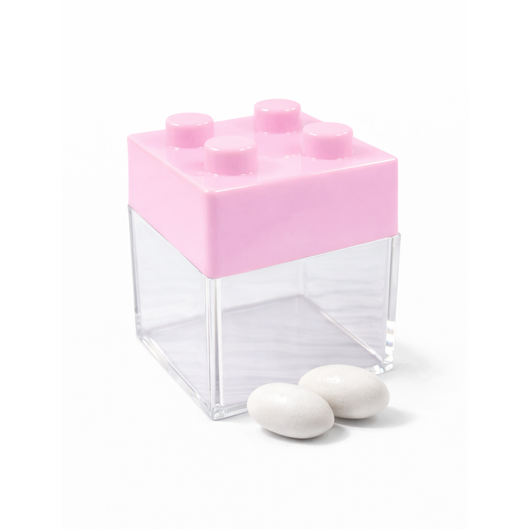 Set 12 scatoline stile mattoncino in PP trasparente con coperchio colorato, 5x5x5 cm, contenitori rigidi per confetti, caramelle e bomboniere, design modulare, colori assortiti
