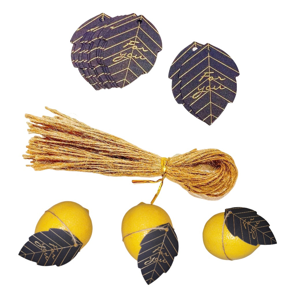 50pz Segnaposto Cartellini Etichette Modello Foglie NERO ORO con corda di canapa