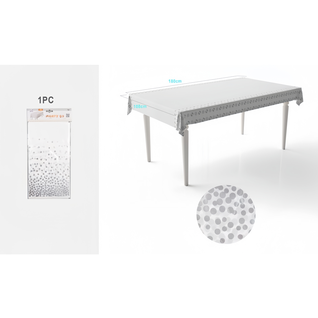 Tovaglia Plastica Monouso Bianca con Pois Argento - 180x108cm, Elegante per Feste ed Eventi