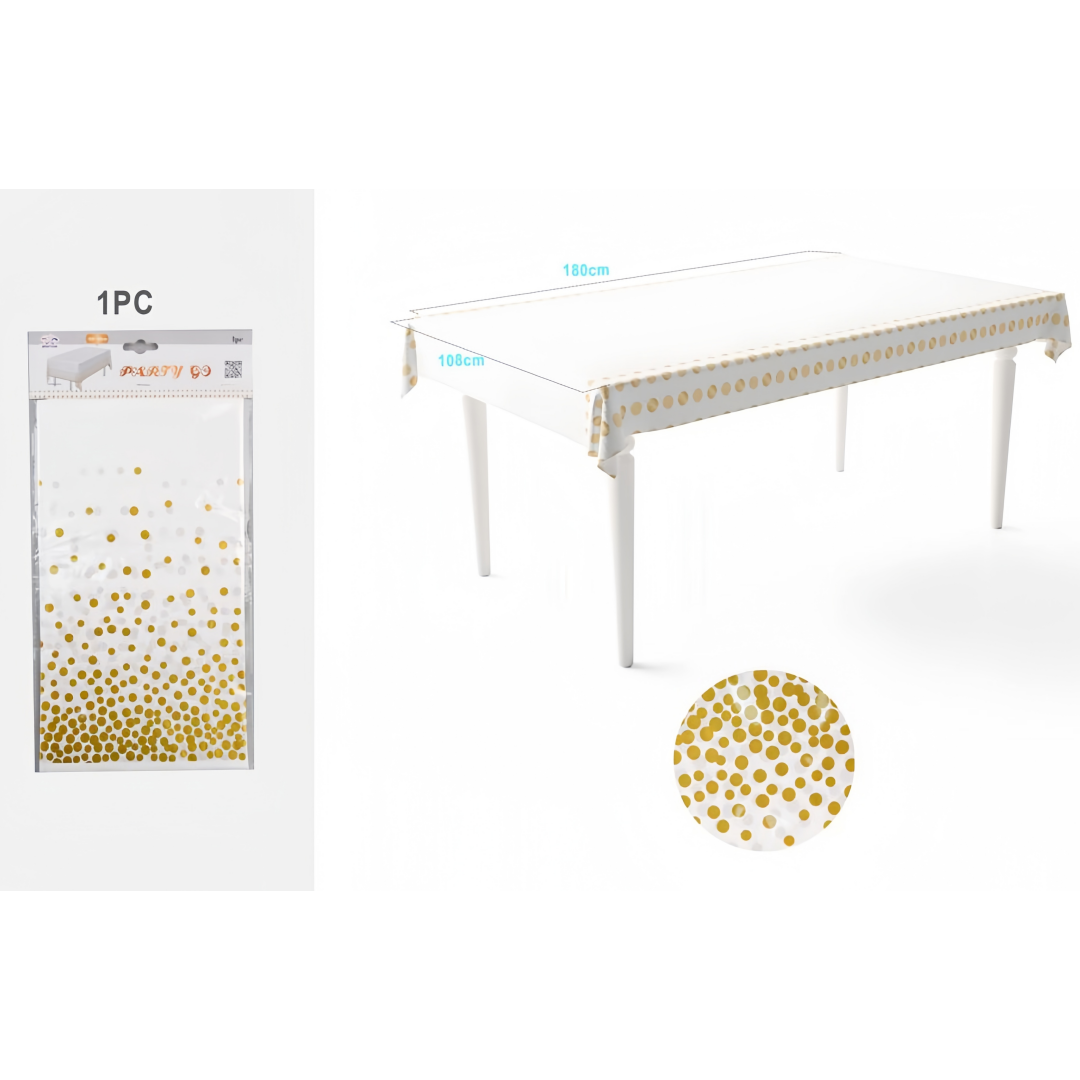 Tovaglia Plastica Monouso Bianca con Pois Dorati - 180x108cm, Elegante per Feste ed Eventi