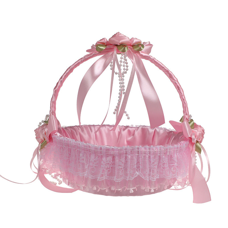 Cestino Vimini Decorativo per Cerimonie, 21x25 cm,con Nastri e Pizzo, Porta Fiori,Lancio di Petali e Bouquet da Sposa Per damigelle