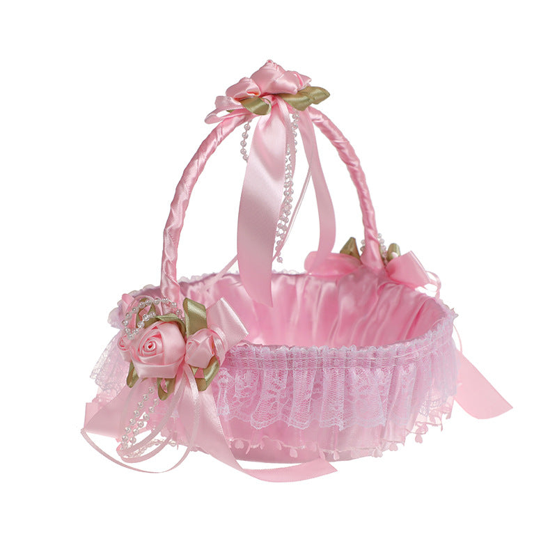 Cestino Vimini Decorativo per Cerimonie, 21x25 cm,con Nastri e Pizzo, Porta Fiori,Lancio di Petali e Bouquet da Sposa Per damigelle