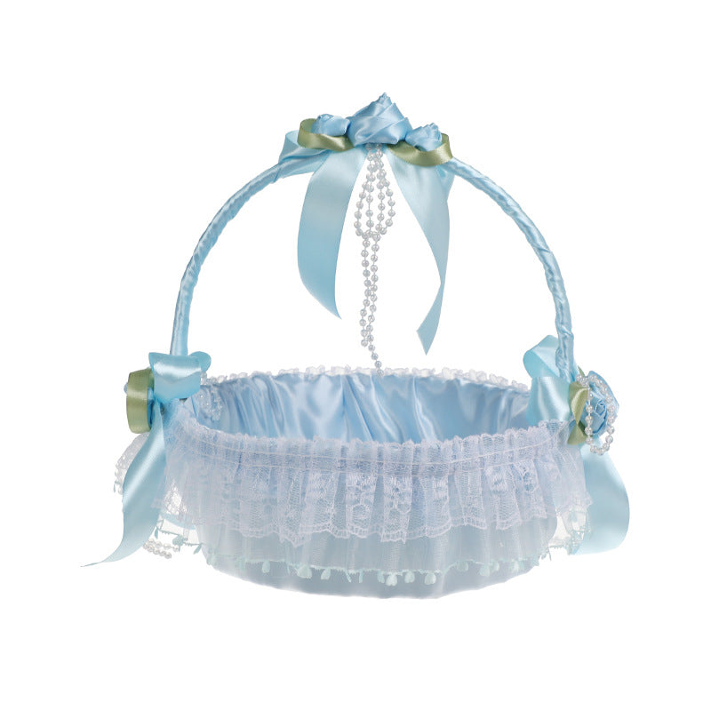Cestino Vimini Decorativo per Cerimonie, 21x25 cm,con Nastri e Pizzo, Porta Fiori,Lancio di Petali e Bouquet da Sposa Per damigelle