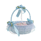 Cestino Vimini Decorativo per Cerimonie, 21x25 cm,con Nastri e Pizzo, Porta Fiori,Lancio di Petali e Bouquet da Sposa Per damigelle