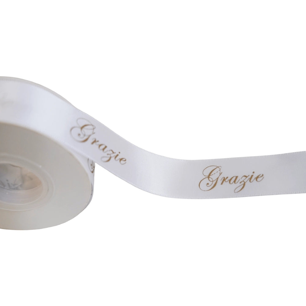 Nastro Raso Bianco con Scritto Grazie 20 Metri 25mm Larghezza