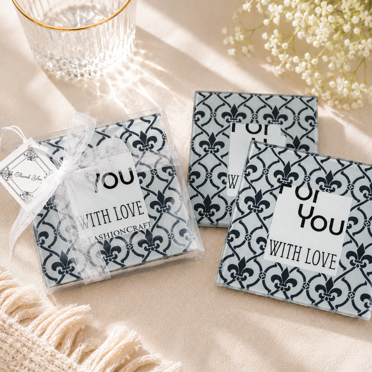 10 Sottobicchieri in Vetro Personalizzabili con Foto, 5 Confezioni Regalo da 2 Pezzi con Nastro, Bomboniere Matrimonio Originali, Regalo per Invitati, Porta Foto 4,5 x 4,5 cm