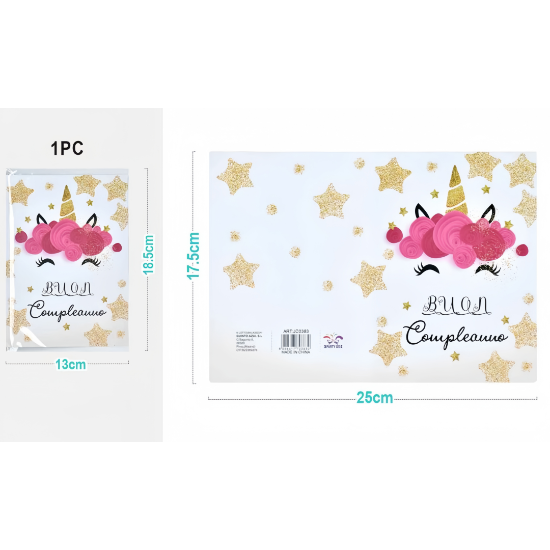 Biglietto di auguri “Buon Compleanno” unicorno con stelle dorate – Cartolina di compleanno brillante 25×17,5 cm, 1 pezzo