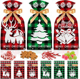Sacchetti Regalo di Natale, 50 Pezzi Bustine 15×23 cm con Nastro di Raso, Motivo Scozzese Rosso/Verde, Sacchetti in Plastica per Dolci, Biscotti e Piccoli Regali