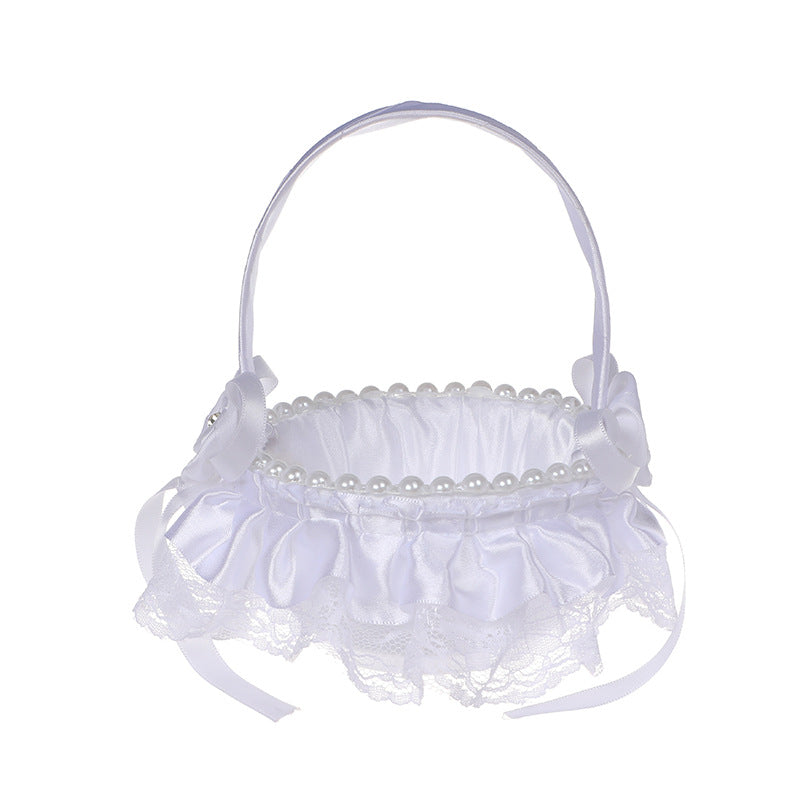 Vinimi Cestino Piccolo 13 * 18cm Decorativo per Matrimonio, Bianco con Pizzo e Fiocchi in Raso, Porta petali, fiori, centrotavolo