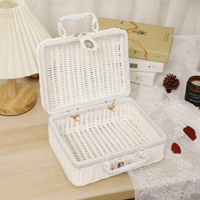 Valigia Scatola Intrecciata in Finta Rattan Effetto Vimini Vintage con Manico, 23x18x12 cm, Porta Regalo Bomboniere, Cestino da Picnic, Decorazione Matrimonio Tema Giardino