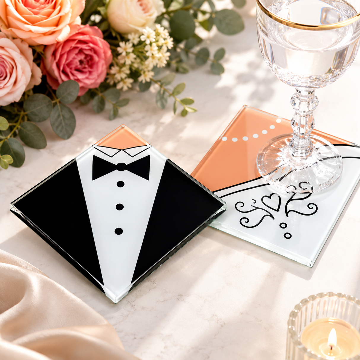 Set da 10 Sottobicchieri Matrimonio in Vetro, 5 Coppie Sposo e Sposa, Bomboniere Matrimonio Originali, Decorazioni Tavola per Ricevimento di Nozze, Regalo per Invitati, 8,9 x 8,9 cm