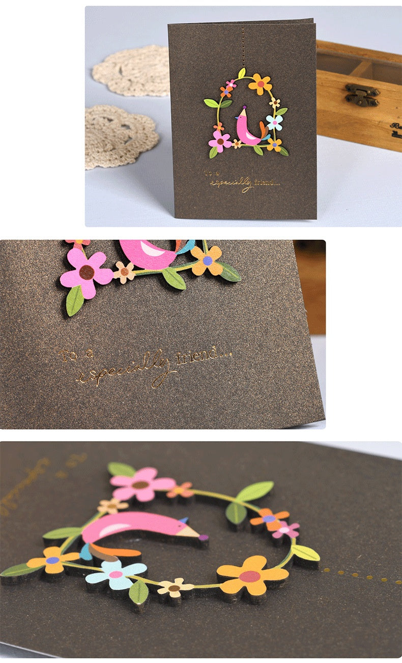 Biglietto di Auguri Elegante con Decorazioni Floreali Legno – Cartolina Regalo per Compleanno, Ringraziamento e Occasioni Speciali