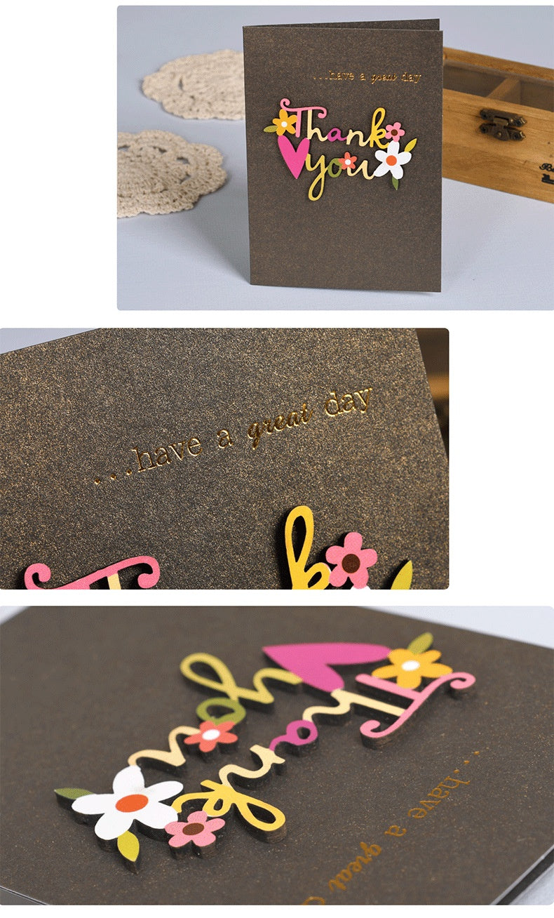 Biglietto di Auguri Elegante con Decorazioni Floreali Legno – Cartolina Regalo per Compleanno, Ringraziamento e Occasioni Speciali