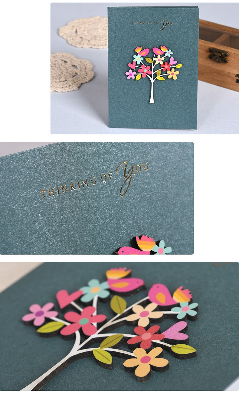 Biglietto di Auguri Elegante con Decorazioni Floreali Legno – Cartolina Regalo per Compleanno, Ringraziamento e Occasioni Speciali